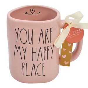 Rae Dunn Embossed Pink Ceramic Coffee Mug You Are My‎ Happy Place 16oz